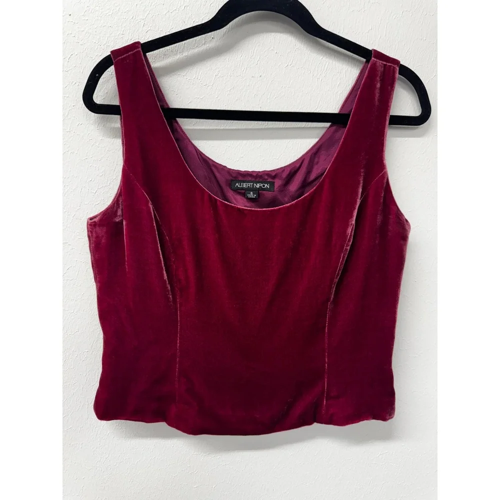 Vintage Albert Nipon Dark Raspberry Velvet 2-Piece Tank & Pencil Skirt Set Sz 8